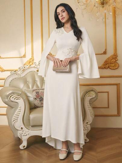 Omancia Women's Winter Party White Dress, Solid Color Applique Decor Fitted Long Sleeve Dress, Elegant Formal Gown, Suitable For Date, Afternoon Tea, Party, Thanksgiving, Teacher's Day, Back To School, Christmas, Halloween, New Year