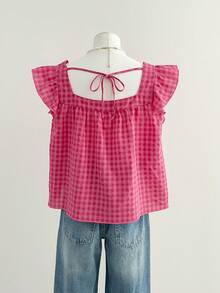 INAWLY 女式秋季新款可爱荷叶边下摆衬衫 - 玫紅色 - 查看 6