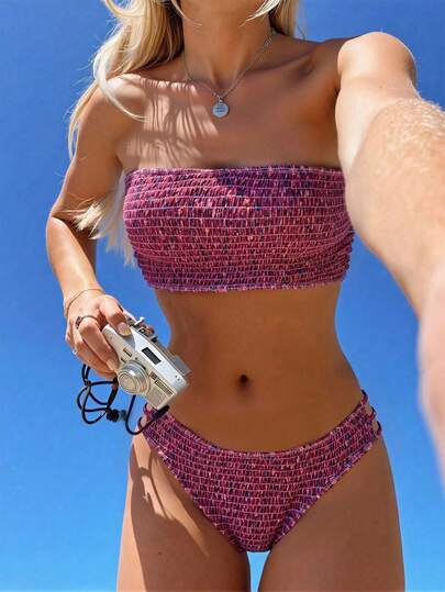 Swim Mod Conjunto de bikini de 2 piezas con estampado floral rosa aleatorio, corte sexy en los laterales y espalda descubierta para mujer, primavera/verano 2026