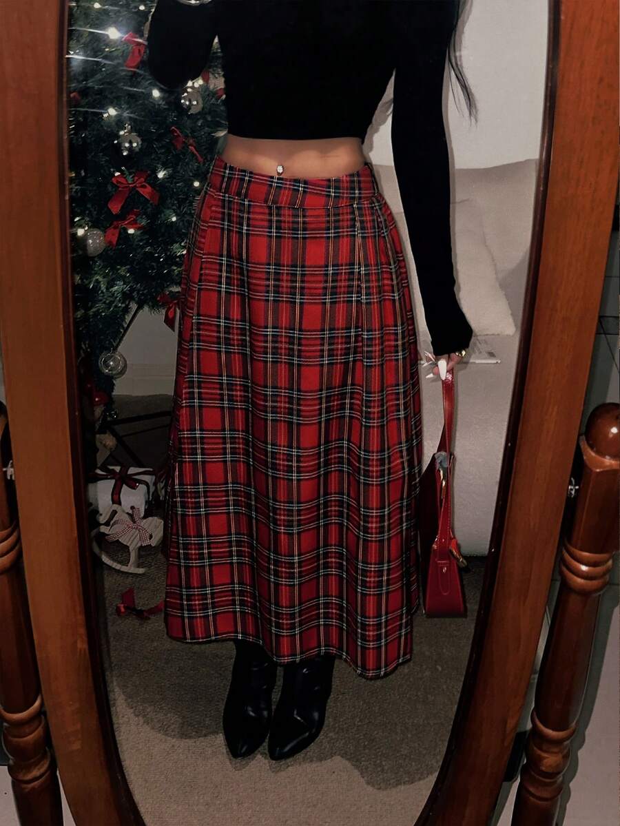 INAWLY Christmas Red Checkered British Retro School Style Long Women's ...