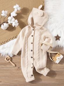 SHEIN Baby Girl Solid Color Cable Front Button Hooded Sweater Jumpsuit - Multicolor - View 7