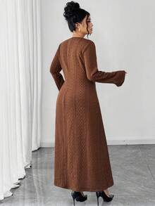 SHEIN Elenzya Plus Size Women's Solid Color Cable Knit V-Neck Cinched Waist A-Line Casual Everyday Dress, Autumn/Winter - Brown - View 2