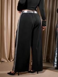 Cravure Plus Size Fashion Contrast Color Sequin Design Wide Leg Pants - Black - View 2