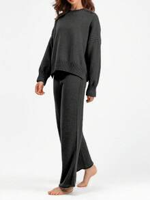 Franclia 2件套女式圆领长袖毛衣上衣和裤子套装 - 深灰色 - 查看 4