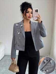 Gloray Blazer feminino cinza escuro com lantejoulas, elegante e moderno - Cinza - Ver 3