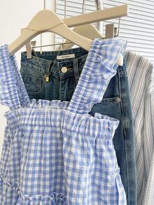 INAWLY 女式荷叶边格子无袖休闲时尚夏季衬衫 - 淺藍色 - 查看 7