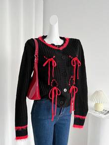 SHEIN LUNE Women's Fashionable Casual Contrast Color Tie Cardigan, Christmas - Black - View 1