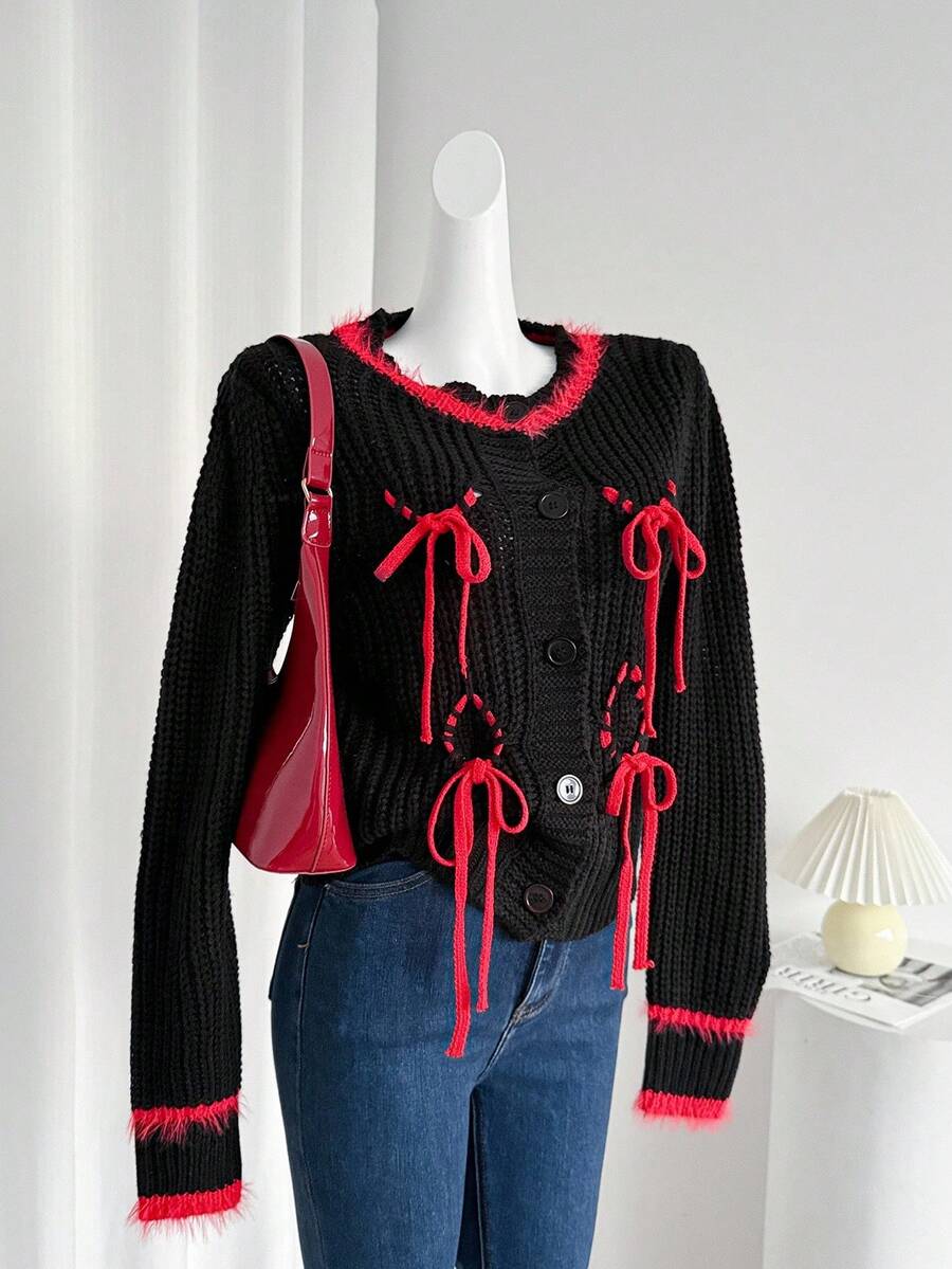 SHEIN LUNE Women's Fashionable Casual Contrast Color Tie Cardigan, Christmas - Black - View 1