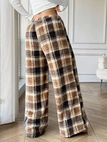 SHEIN Spodnie polarowe dla dziewcząt w kratę i kokardę z przodu, jesień/zima