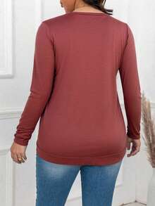 SHEIN Clasi Plus Size Front Tie Long Sleeve Casual Simple T-Shirt, Everyday Wear For Spring - Burgundy - View 2