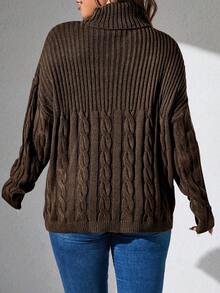 SHEIN CURVE+ 大码女式纯色高领落肩长袖麻花针织套头衫 - 咖啡棕 - 查看 2