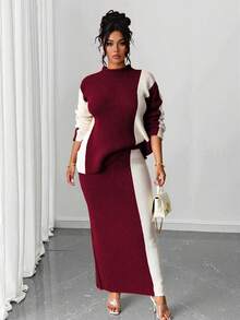 Elenzga Christmas Plus Size Women Fashionable Casual Colorblock Sweater & Skirt Set - Multicolor - View 1