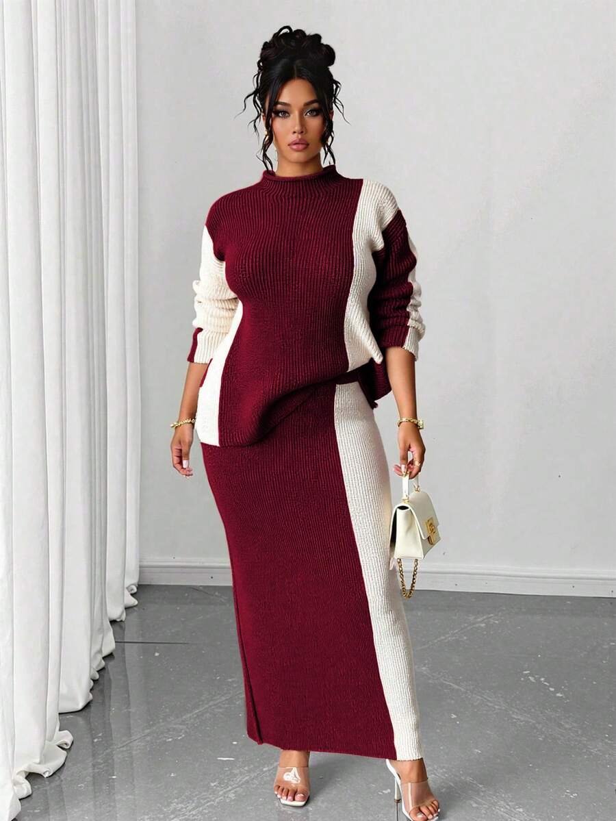 Elenzga Christmas Plus Size Women Fashionable Casual Colorblock Sweater & Skirt Set - Multicolor - View 1