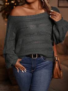 SHEIN LUNE 大码女式纯色圆领长袖休闲宽松针织套头毛衣 - 灰色 - 查看 3