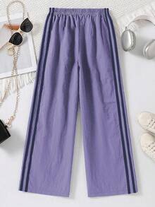 SHEIN 青少年女孩休闲运动风格松紧腰撞色条纹侧边宽松阔腿裤 - 紫色 - 查看 2