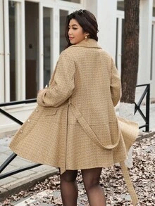 Vionelle Áo khoác cổ lông thắt eo thanh lịch cỡ lớn, túi giả, thu/đông - Màu Khaki - Xem 2