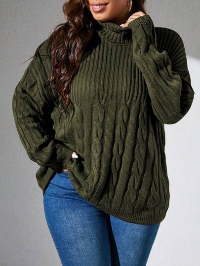 SHEIN CURVE+ Plus Size Women Solid Color High Neck Dropped Shoulder Long Sleeve Cable Knit Pullover Sweater