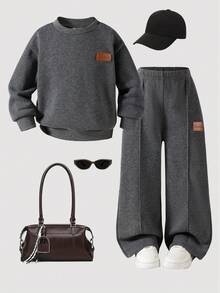 SHEIN Young Girl Tween,Teen Girl Casual Cute Pu Letter,Heart Print Knit Solid Color Loose Drop Shoulder Long Sleeve Sweatshirt & Wide Leg Sweatpants Set Fall Winter Kid 2 Pieces Set,Y2k Girl.Black,Mommy & Sisters & Me Matching,Autumn Winter,Halloween,Christmas.School Daily,Back To School,Home Wear,Holiday,Vocation. - Grey - View 2