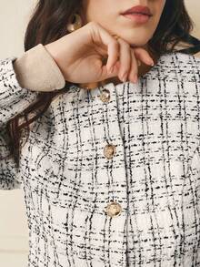 Omancia Women's Elegant White Plaid Tweed Jacket, Fitted Silhouette, Suitable For Halloween, Christmas, New Year, Thanksgiving, Autumn/Winter - White - View 4