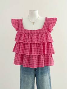 INAWLY 女式秋季新款可爱荷叶边下摆衬衫 - 玫紅色 - 查看 5