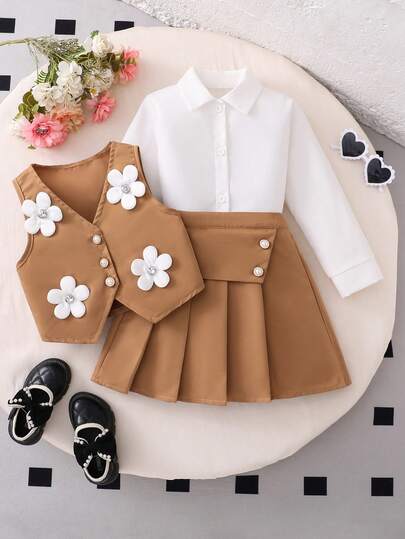 Elladie kids Girls' School Style White Long Sleeve Shirt Paired With Black Vest Featuring 4 Handmade Pleats, Inverted Triangle Patch, And 2 Button Closure Vest With 6 Floral Decorations, School Uniform Set, Back To School, All Season