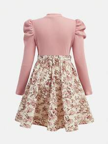 SHEIN 青少年女孩休闲圆领纯粉色罗纹宽松版型碎花拼接长袖连衣裙，适合日常休闲穿着 - 粉色 - 查看 2