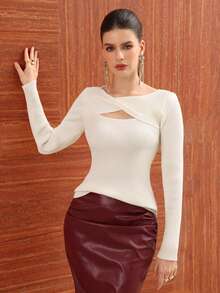Modelyn Suéter de mujer casual de uso diario y para ir al trabajo, de unicolor simple, con manga larga ajustada, con detalle de torsión y hueco, para otoño - Blanco - Ver 7