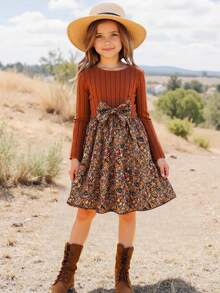 Emery Rose Kids Emery Rose Kids 年轻女孩罗纹修身拼布碎花圆领长袖修身休闲蛋糕 A 字连衣裙，秋冬新品，日常穿着，学校，秋冬 - 棕色 - 查看 9
