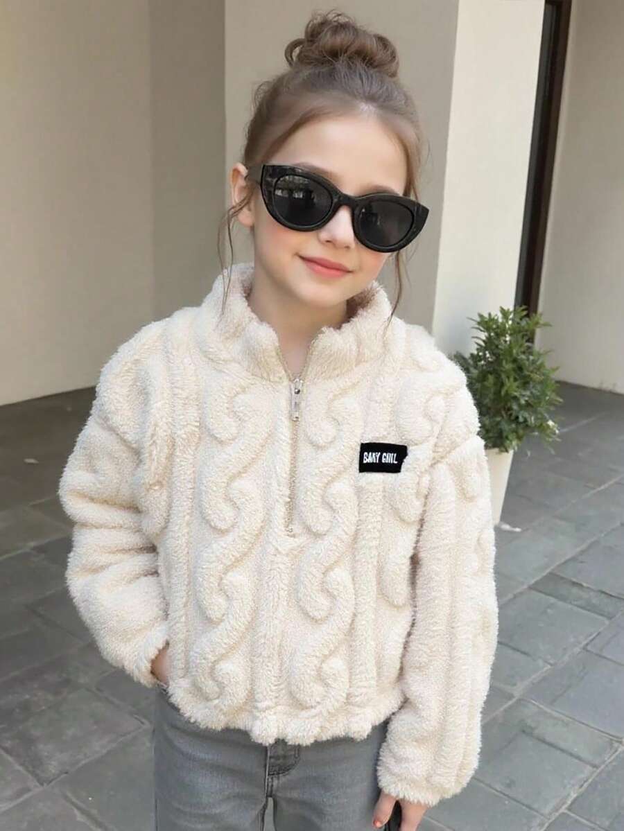 SHEIN 女童休闲半拉链立领抓绒卫衣，带贴布，纯杏色，秋冬季，返校季抓绒套头衫，秋冬款 - 杏色 - 查看 1