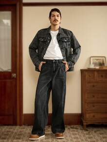 Manfinity Homme Men's Distressed Long Sleeve Denim Jacket , Dark Cotton Plain Black Party Grunge Rapper Going Out Vacation National Park Urban Gym, For Fall