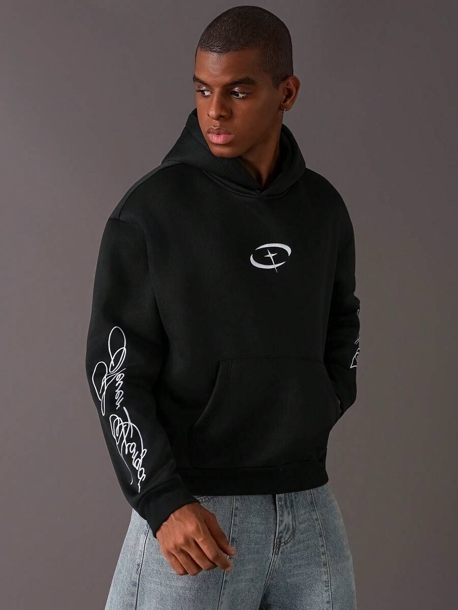 STYNVO Sudadera con capucha casual para hombres con bordado de letras, sudaderas con capucha gráficas negras de otoño/invierno, sudaderas con capucha negras para hombres, sudadera con capucha de estilo urbano, sudadera con capucha gráfica - Negro - Ver 1