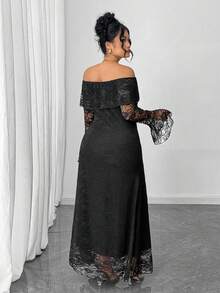 Elenzga 大码女式优雅雪纺拼接露肩长袖喇叭袖收腰修身高端派对连衣裙，秋冬 - 黑色 - 查看 2