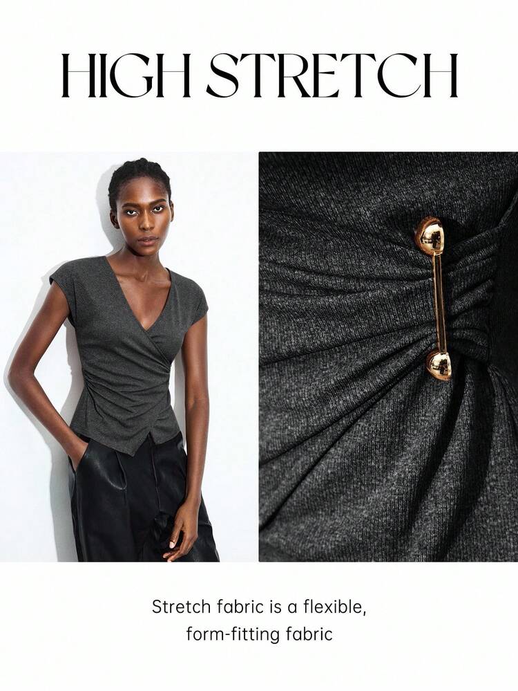 SHEIN Maija Women's Elegant V-Neck Short Sleeve Top, Suitable For Party, Commute, Business Casual, Office Wear, Teacher, St Patrick's Day Easter Party Top Beach Summer Holiday Beach Vacation Summer Going Out Graduation