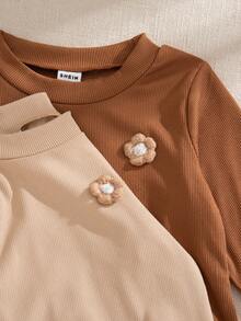 SHEIN 2pcs/Set French Girls Toddler Brown Floral Long Sleeve T-Shirt & Flared Pants Outfit,Beige,Autumn,Casual,Family Matching Baby Clothes Casual Sets - Multicolor - View 5