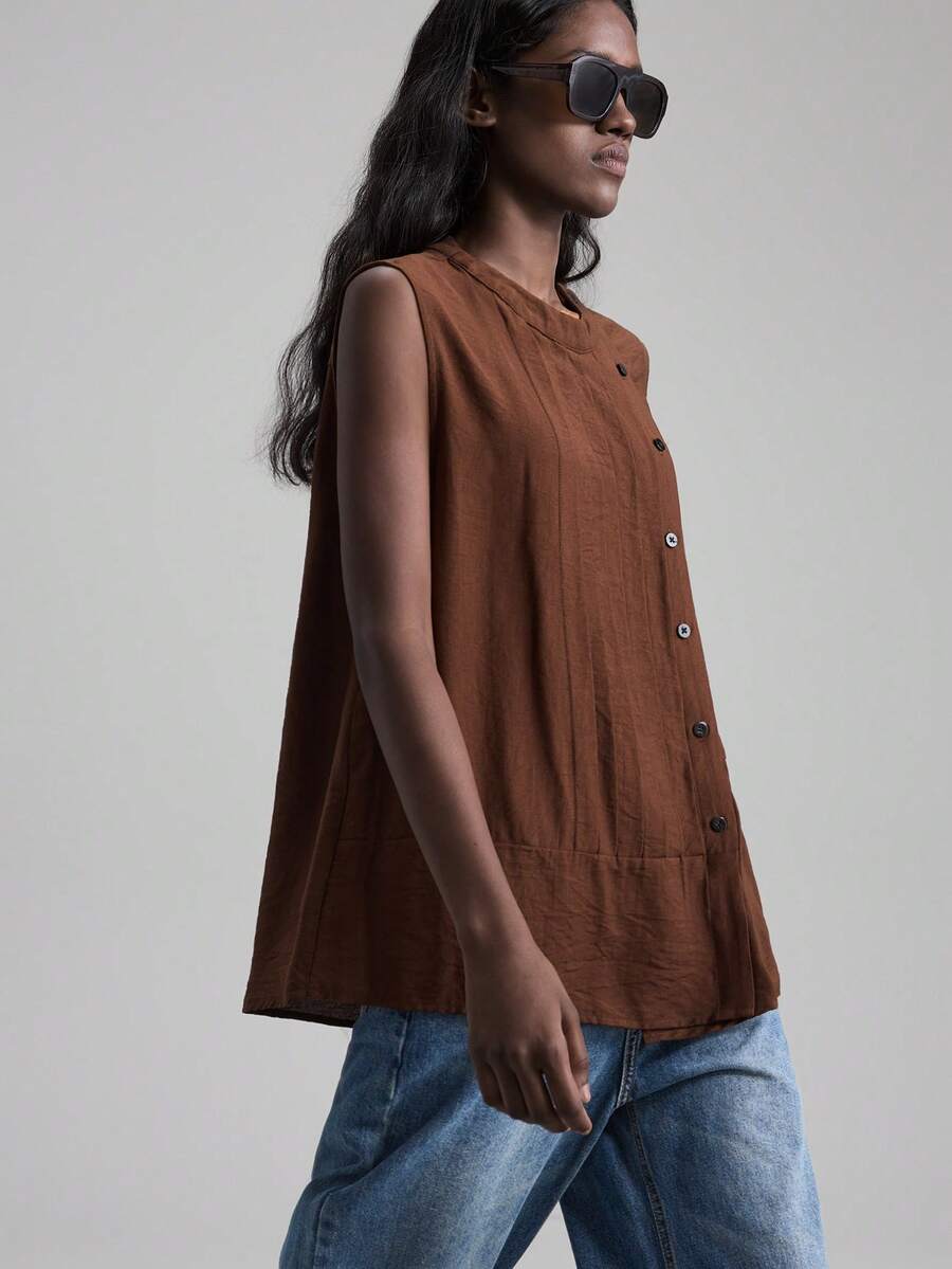 Ontre 女士亚麻圆领无袖衬衫，都市通勤商务休闲风，办公室穿着，优雅红色上衣，女士基础款衬衫，婚礼宾客正式着装，秋冬季