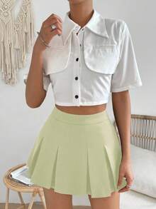 SHEIN Unity Preppy Style Casual Woman Solid Pleated Skirt - Lime Green - View 4