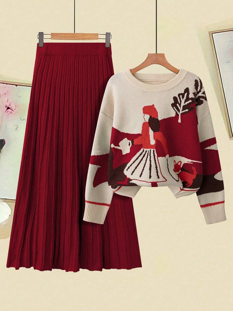 EMERY ROSE Christmas 2pcs/Set Women Plus Size Elegant Loose Color Block Knit Sweater Top And Skirt Set, Autumn/Winter Easter Wear - Multicolor - View 1