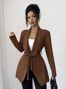 Elenzga Women's Solid Color Regular Shoulder Long Sleeve Waist Asymmetrical Hem Versatile Regular Jacket - Brown - View 1