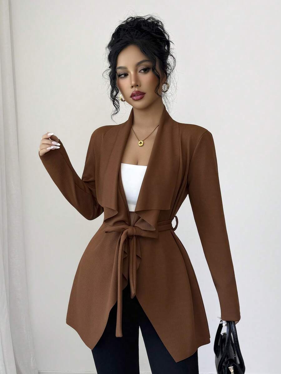 Elenzga Women's Solid Color Regular Shoulder Long Sleeve Waist Asymmetrical Hem Versatile Regular Jacket - Brown - View 1