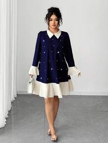 Elenzga Plus Size Women's Fashion Casual French Retro Romantic Elegant Pearl Contrast Color Dress - Navy Blue - View 4