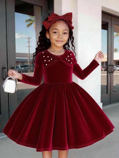 Abito lungo elegante e vintage da ragazza, con maniche lunghe, colore bordeaux, con fiocco e decorazioni in perle, collo rotondo, vita stretta, adatto per Natale, Ognissanti, compleanni, primavera/autunno