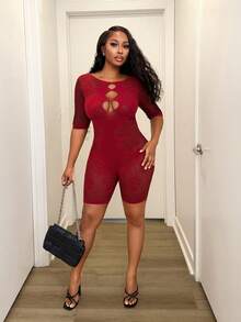 BamGleam Damen sexy Mesh Zweifarbiger Bodycon Jumpsuit mit Ausschnitten - Verschiedenfarbig - Übersicht 3