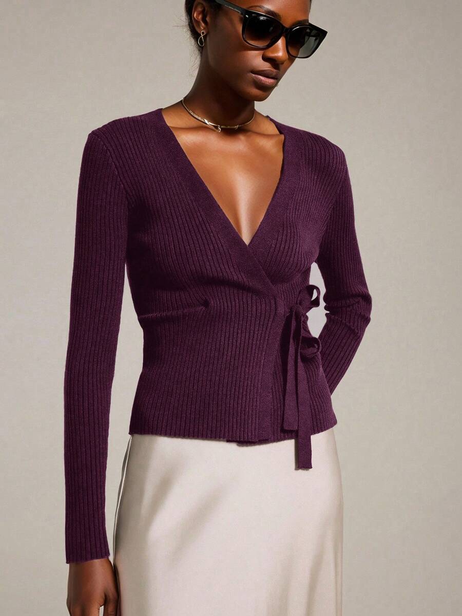 Ontre Women's Casual Knitted Ribbed Tie-Front Cardigan, Urban Commute Business Casual Wear, Office Outfit, Teacher Apparel, Basic Spring/Summer Outerwear - Red Violet - View 1