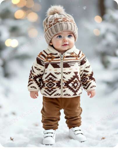 Conjunto de chaqueta con capucha esponjosa con patrón geométrico versátil y lindo para bebé niño, otoño/invierno