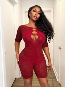 BamGleam Damen sexy Mesh Zweifarbiger Bodycon Jumpsuit mit Ausschnitten - Verschiedenfarbig - Übersicht 1
