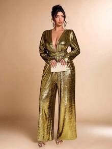Cravure Christmas Plus Size Women Deep V-Neck Long Sleeve Pleated Sexy Wide Leg Metallic Jumpsuit