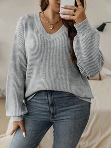 Nubod Suéter holgado de punto acanalado con cuello en V, de manga larga y hombros caídos, de unicolor, para mujer de talla grande - Gris - Ver 7