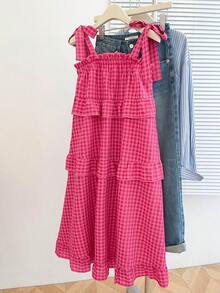 INAWLY New Autumn Cute Ruffle Hem Dress For Women - Hot Pink - View 1