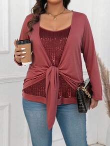 SHEIN Clasi Plus Size Front Tie Long Sleeve Casual Simple T-Shirt, Everyday Wear For Spring - Burgundy - View 3