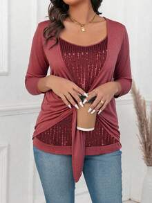 SHEIN Clasi Plus Size Front Tie Long Sleeve Casual Simple T-Shirt, Everyday Wear For Spring - Burgundy - View 6